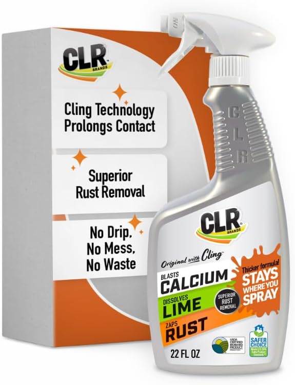 CLR Brands Calcium, Lime & Rust Remover with Cling, 22 oz. Spray Bottle, Adheres to Hard-to-Reach Surfaces, Blasts Calcium, Dissolves Lime Deposits, Zaps Stubborn Rust Stains and Hard Water Deposits