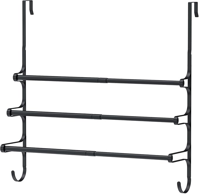 CANYAVE Over The Door Towel Rack, Extendable Triple Towel Storage Holder with Hooks, 24.02 Inches Towel Bar Hanger Towel Racks for Bathroom (Black)