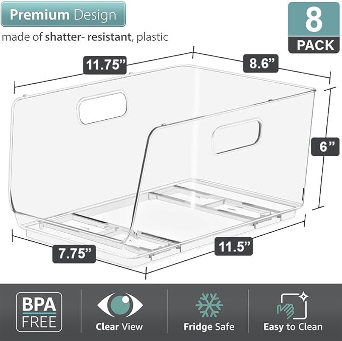 Sorbus Stackable Storage Bins Open Front, Clear Stackable Storage Bins, Pantry Bins for Storage and Organization, Acrylic Stackable Bins for Kitchen, Clear Pantry Organizer Bins (Medium 8 Pack)