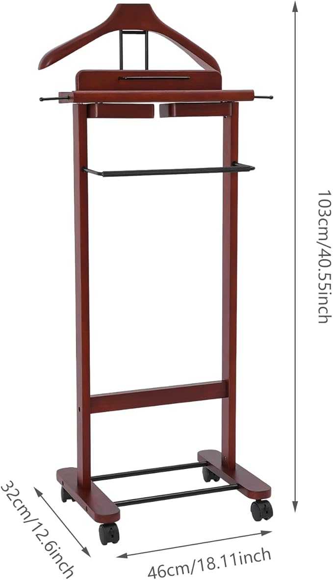Valet Stand with Wheels and Top Tray, Wood Mens Suit Valet Stand with Shoe Shelf, Freestanding Clothes Valet Stand with Hanger, Storage Organizer for Entryway Office Living Room (B, Walnut Color)