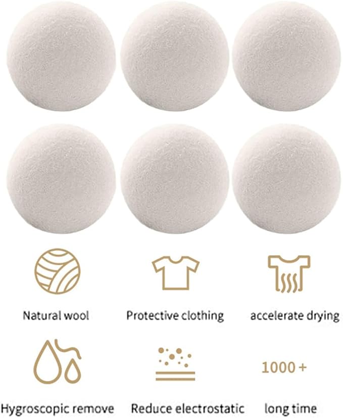 Laundry Wool Dryer Balls, 6 Pack Natural Fabric Softener, Reusable Laundry Balls for Dryer, Reduces Clothing Wrinkles and Saves Drying Time for Washing Machine Accessories