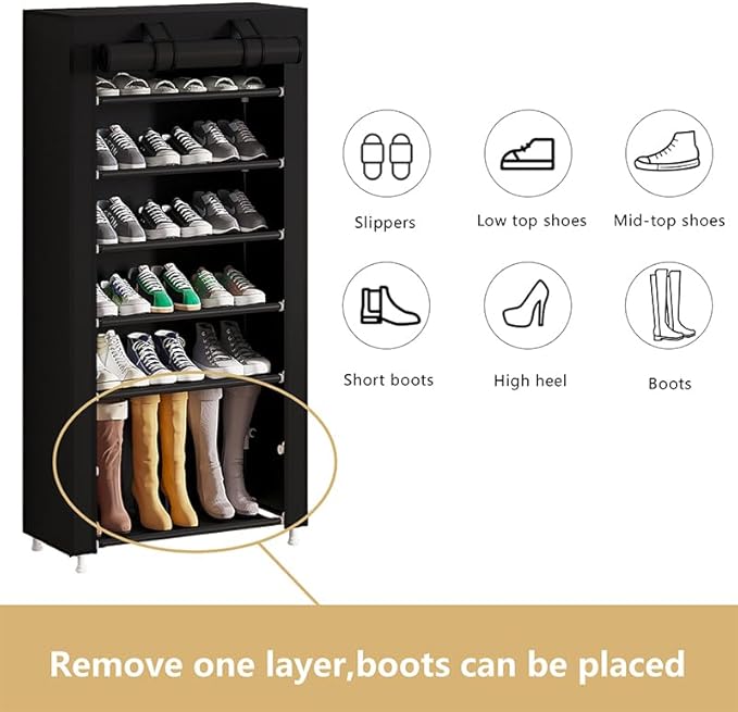 Calmootey 7 Tier Shoe Rack Organizer,Portable Shoe Shelf with Nonwoven Fabric Cover for Closet Hallway,Bedroom,Entryway,Black