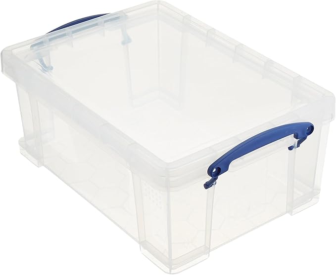 Really Useful Box Stackable 9 Liter Plastic Storage Container Bin with Snap Lid and Built-In Clip Lock Handles for Home & Office Organization (4 Pack)
