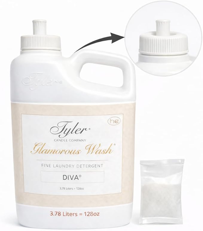 Tyler Candle Company Glam Wash Laundry Detergent, Diva, Liquid, 128 Fl Oz HE Safe w/Dryer Sachet Pouch, Pull and Pour Spill Proof Cap oh