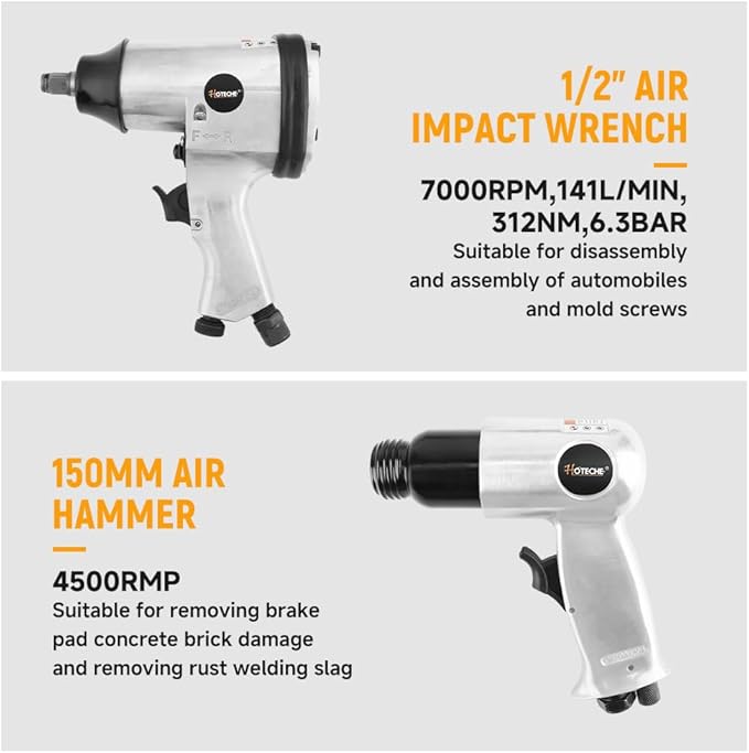 Hoteche 71-Piece Air Tool Kit | 1/2" Single-Hammer Air Impact Wrench (7000RPM), 1/2" Air Ratchet Wrench & Multiple Tools, Blow-Molded Case