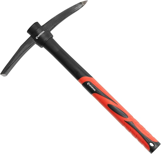 INTERTOOL Hand Pick Axe -15-Inch Forged Steel Weeding Mattock Adze Hoe 1.5 lb with Anti-Slip Fiberglass Handle - Heavy-Duty Garden Tool for Roots, Rocks, Digging & Camping HT08-0303
