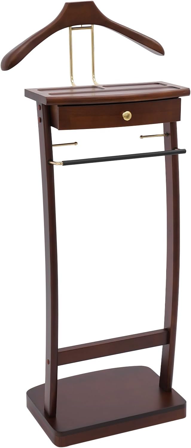 Valet Stand for Man and Women, Wood Suit Rack Suit Valet Stand with Top Tray, Storage Drawer, Bottom Shoe Rack, Freestanding Clothes Rack for Living Room, Bedroom, Office, Black (Walnut Color)