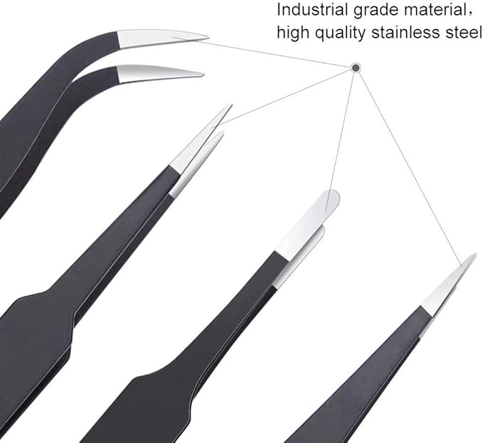 6PCS Precision Tweezers Set, Upgraded Anti-Static Stainless Steel Curved of Tweezers, for Electronics, Laboratory Work, Jewelry-Making, Craft, Soldering, etc, by kaverme.