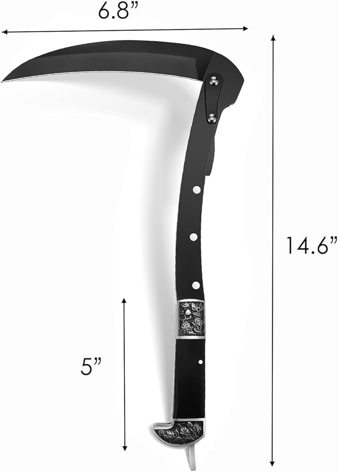 Folding Sickle, Two Section Foldable Scythe with Wooden Handle, Sheath, 2 Sections Foldable Sickle Knife, Weeder, Manual Garden Tool for Weeding Farming