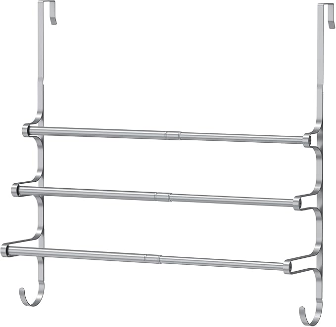 CANYAVE Over The Door Towel Rack, Extendable Triple Towel Storage Holder with Hooks, 24.02 Inches Towel Bar Hanger Towel Racks for Bathroom (Silver)