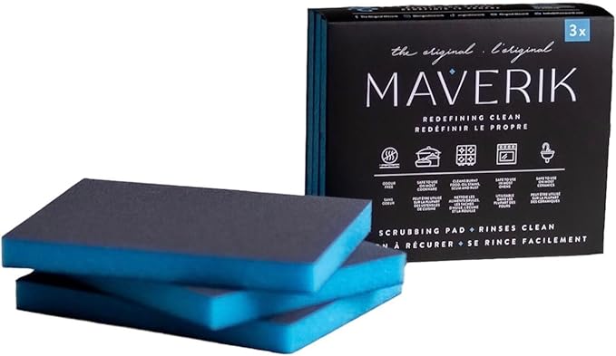 MAVERIK Heavy-Duty Scrubbing Pads, No Detergent Needed, Scouring Pads for Kitchen Cleansing, Bathroom Water Stains, Bathroom, Griddle, Grill & Household Cleaning Pads (3 Sets, 9 Pads)