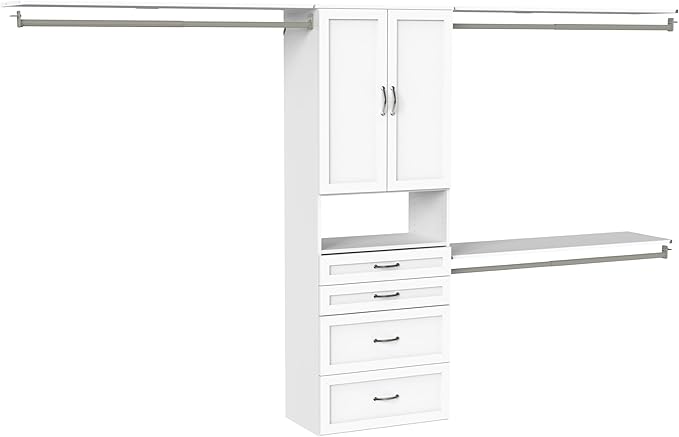 ClosetMaid SuiteSymphony Hanging Closet Kit Includes (1) Tower, (3) Closet Rods, (4) Shelves, (3) Top Shelves w/Brackets, (4) Drawers, and (1) Closet Door Set, White