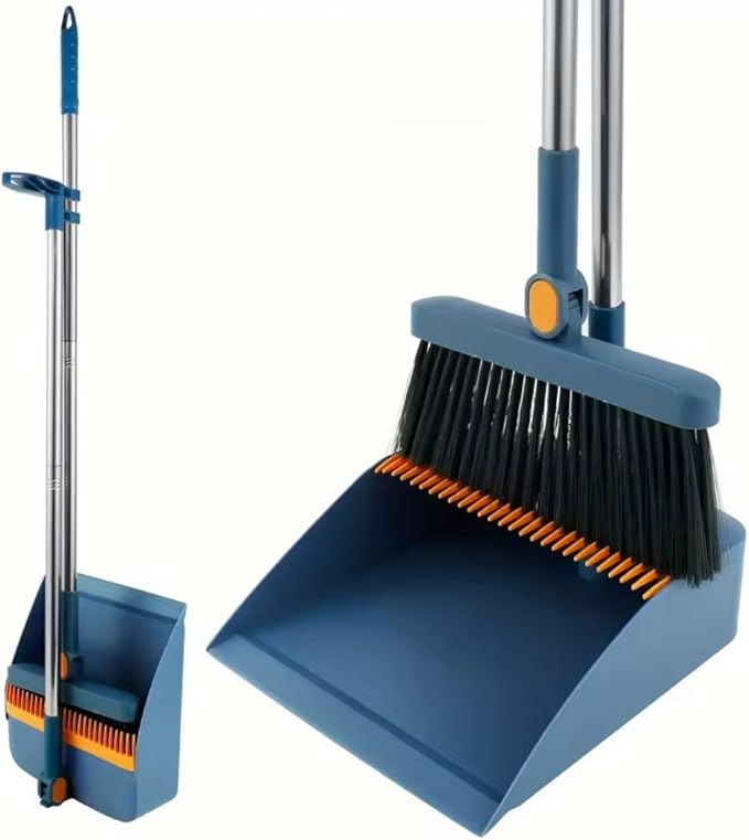 Broom and Dustpan Set, Blue, 2-Piece, 180 Degree Rotatable, Extendable Handle up to 53 Inches, 4-Layer Thick Brush, Comb Teeth, Folding Storage
