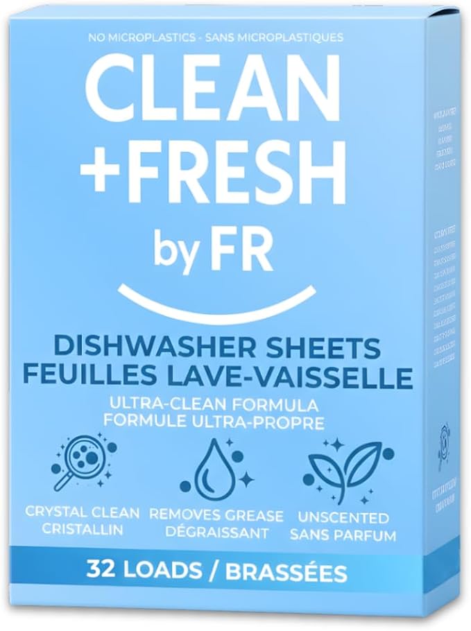 Clean And Fresh Dishwasher Detergent Sheets – 32 Loads – Plastic-Free Dishwasher Soap – Ultra-Concentrated, Quick-Dissolve, Unscented – Powerful Grease Cleaning – HE & Septic Safe, Zero Residue