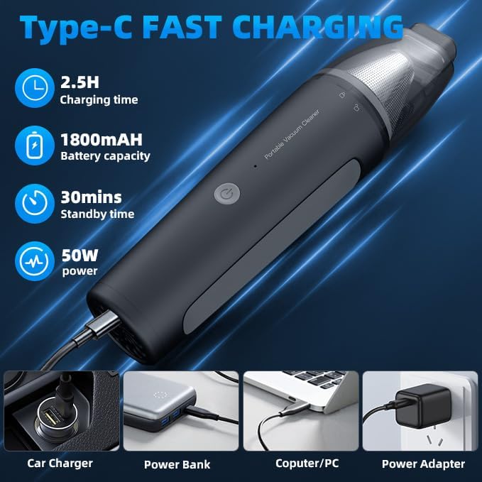 PATO Cordless Handheld Vacuum Cleaner, Mini Car Vacuum with Powerful Suction, 1800mAh high-Capacity batteryPortable Dust Collector Glossy White.