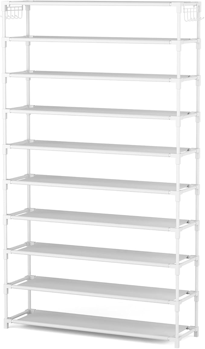 LANTEFUL 10 Tiers Shoe Rack 50 Pairs Large Capacity Tall Shoe Organizer Sturdy Shoe Storage with Two Hooks Space Saving Metal Wide Shoe Rack for Closet, Entryway, Bedroom, White
