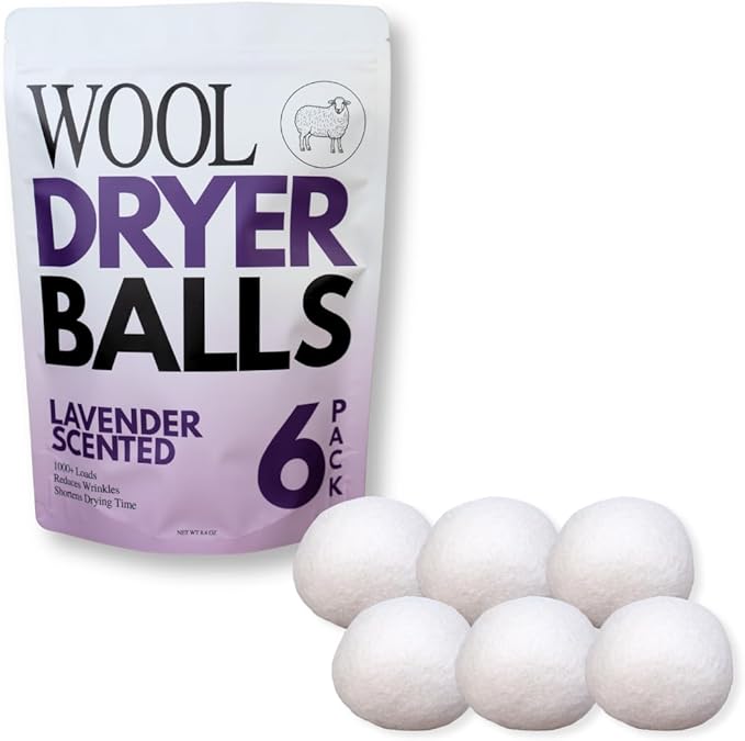 Lavender Scented Wool Dryer Balls – 6 XL Pack – Natural Fabric Softener, Reusable, Reduces Static, Reduces Wrinkles & Shortens Drying Time, Made W/Essential Oil, 100% Pure Wool