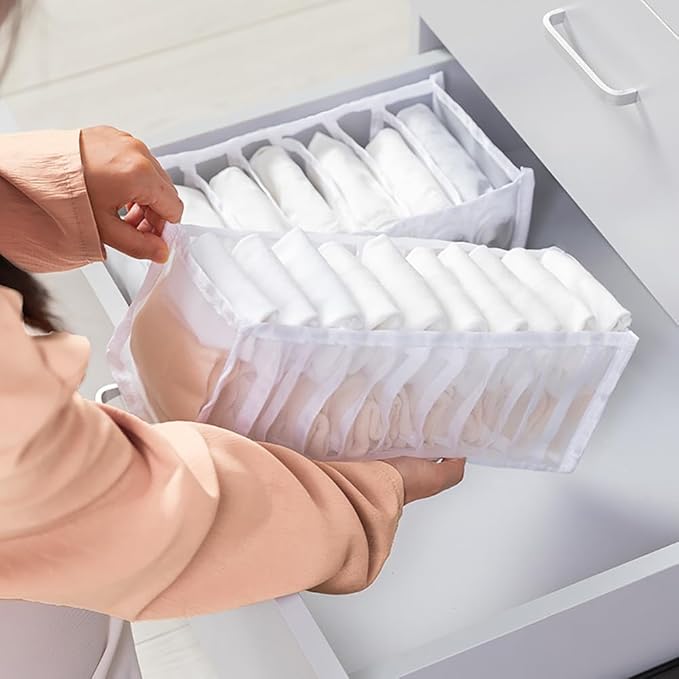 2 Pcs 11 Grids 7 Grids Underwear Drawer Organisers Sock Drawer Organizer Divider Underwear Storage Boxes Foldable Closet Dresser Drawer Organizer for Storing Socks Gray