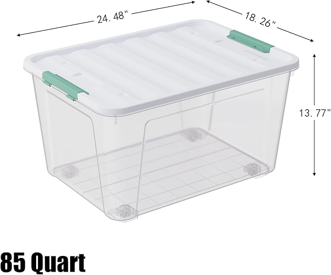 4-Pack Clear Plastic Storage Box with Wheels, 85 Quart Large Plastic Storage Bins with Latch Lids