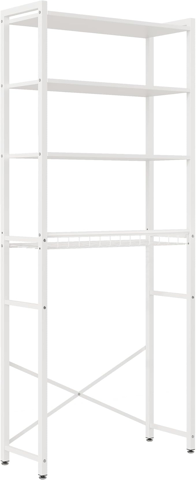 4-Tier Over-the-Toilet Storage Rack with One-Piece Wooden Shelves & Open Net Basket, Bathroom Organizer with Adjustable Feet & Anti-Tip Kit, Space-Saving Toilet Shelf, White, 24.4" x 9.4" x 69.3"