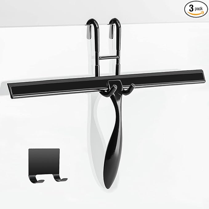 Simtive 14-Inch Shower Squeegee Set, Includes Shower Door Hook and Adhesive Hook, Squeegee for Shower Doors, Mirror and Window, Black