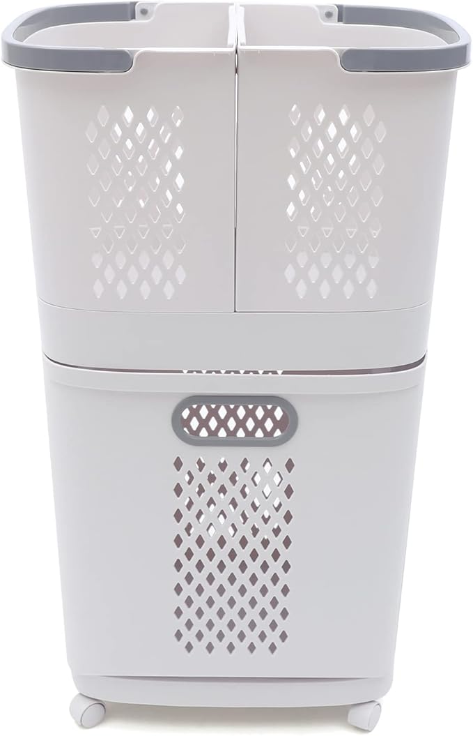 Laundry Basket Organizer Storage Shelf with Frame and Baskets Storage Drawers Unit,Laundry Towel Hamper Cabinet Tower One Part Compartment Sorter Basket(2-Tier,With Wheels)