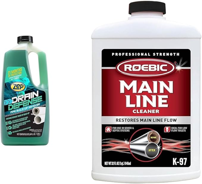 Zep Drain Defense Pipe Build-Up Remover - 64 Ounces - ZLDC648 - Professional Strength Liquid Pipe Build Up Remover,GREEN & Roebic K-97 Main Line Cleaner, Exclusive Bacteria Digests Paper, Fats