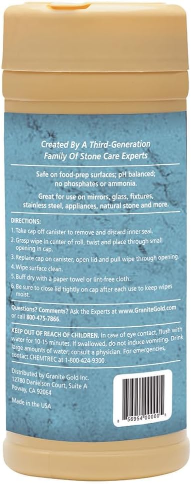 Grantie Gold All-Surface Cleaning Wipes, Deep-Cleans Stainless Steel, Mirrors, Glass, Appliances, Natural Stone, Brass, & Copper, Safe on Food-Prep Surfaces, Streak-Free, 40 Pre-Moistened Wipes