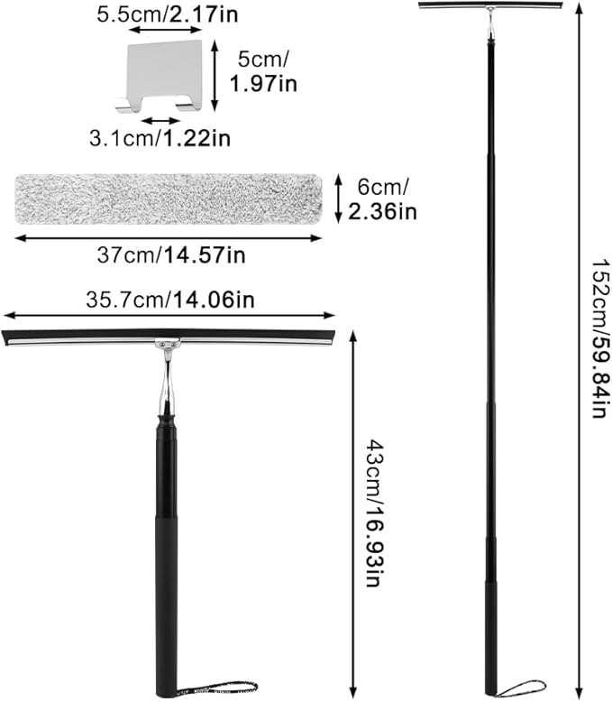 Shower Squeegee with Long Handle, 17-60" Telescopic Window Squeegee with Streak-Free Silicone Blade, Adjustable Cleaning Tool for Glass Doors, Shower Walls, Tile, Car Windshield