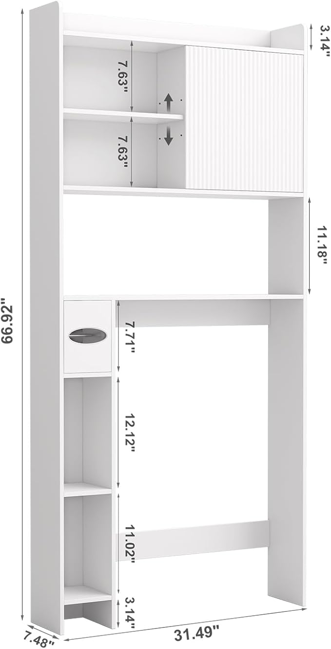 Over The Toilet Storage Cabinet with Sliding Door, 31.5" W Over Toilet Bathroom Organizer with Adjustable Shelves & Toilet Paper Holder, Space Saver Cabinet for Bathroom, White