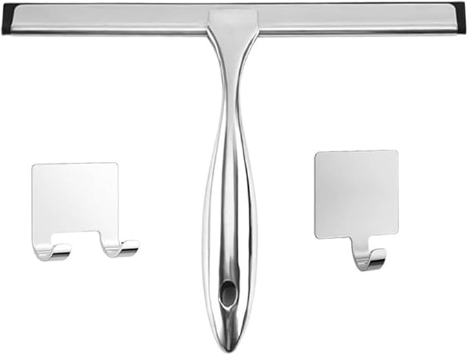 10-Inch All-Purpose Stainless Steel Shower Squeegee — Bathroom Glass Door and Mirror Cleaner with 2 Adhesive Hooks, Ideal for Windows, Tiles, Walls, and Cars, Silver Finish