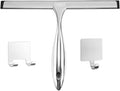 10-Inch All-Purpose Stainless Steel Shower Squeegee — Bathroom Glass Door and Mirror Cleaner with 2 Adhesive Hooks, Ideal for Windows, Tiles, Walls, and Cars, Silver Finish