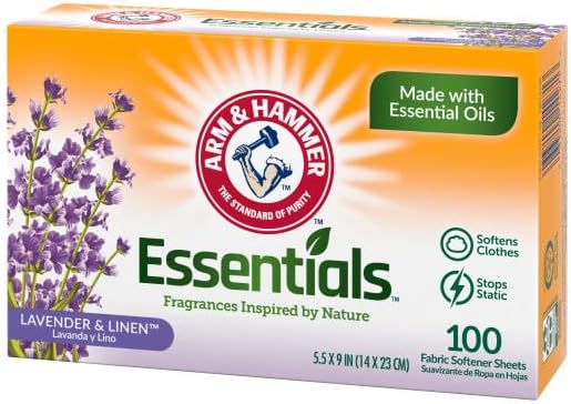 Arm & Hammer Essentials Fabric Softener Sheets, Lavender & Linen, Made with Essential Oils, Softens Clothes, Stops Static, 5.5x9 inches, 100 Count (Pack of 2)