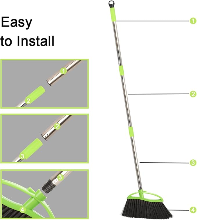 3 Packs Indoor Brooms Green Angle Broom Soft Bristles Long Handle for Hardwood Floor Sweeping