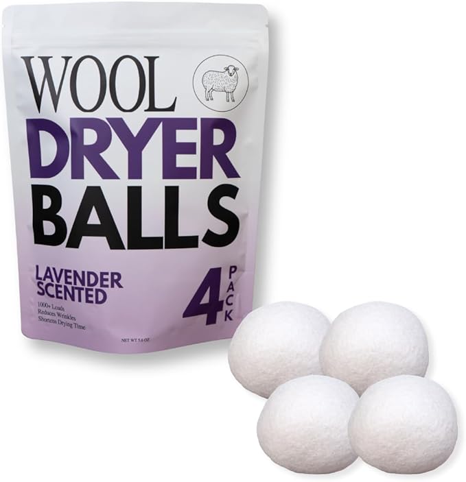 Lavender Scented Wool Dryer Balls – 4 XL Pack – Natural Fabric Softener, Reusable, Reduces Static, Reduces Wrinkles & Shortens Drying Time, Made W/Essential Oil, 100% Pure Wool