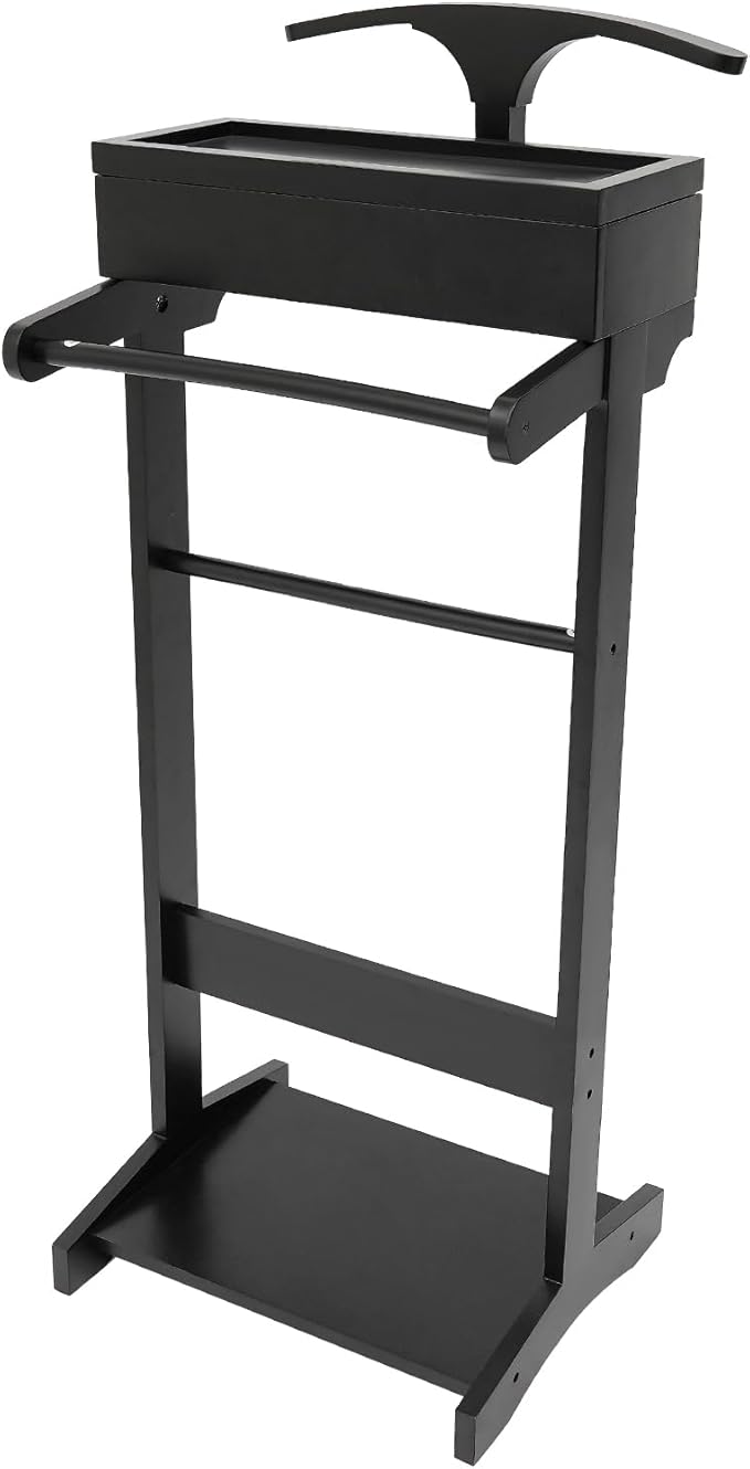 TFCFL Wooden Suit Rack with Drawer & Trouser Holder, Multi-functional Coat Stand for Hats/Scarves/Belts, Space-Saving Standing Suit Valet Stand for Home/Office, 22lbs Load Capacity (Black)