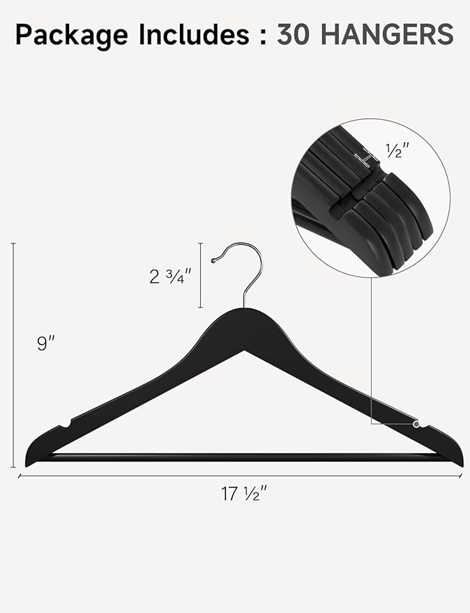 StorageWorks Black Wooden Hangers 30 Pack, Heavy Duty Wood Hangers for Closet, Clothes Hangers for Coats, Shirts, Pants, Suits