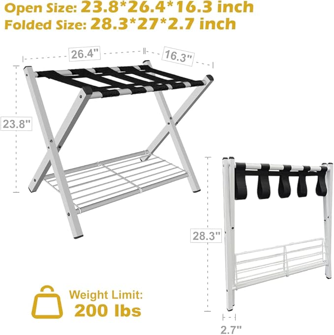 mocomax 1 Pack Folding Luggage Rack for Guest Room, Foldable Suitcase Stand Holder with Metal Storage Shelf for Bedroom, Living Room, Hotel Essentials, Heavy Duty Steel Frame, White