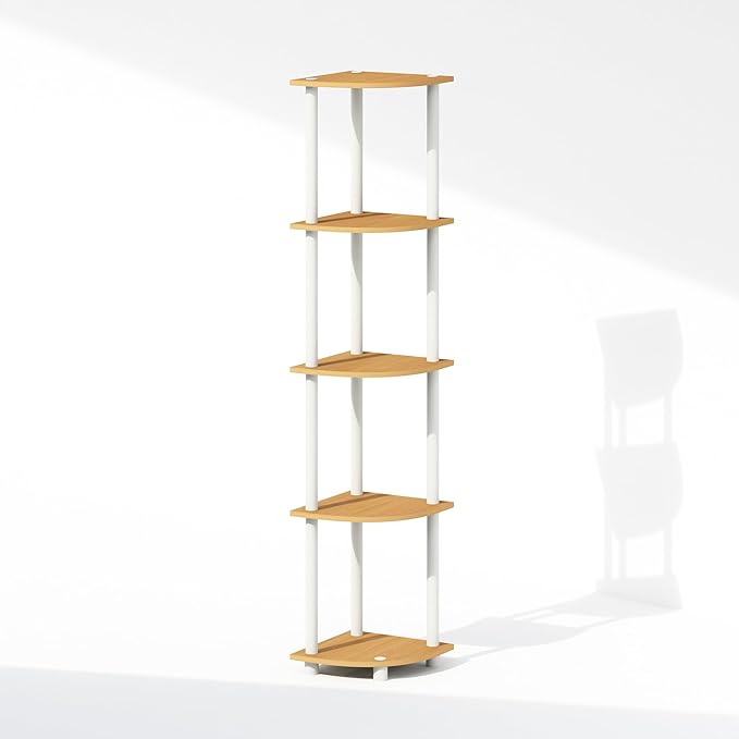 Furinno Turn-N-Tube Storage Shelves, 5-Tier Book Shelf, Corner Shelf, Toolless Open Shelves, for Organization and Storage, Living Room, Home Office, Hallway, Bedroom, Beech