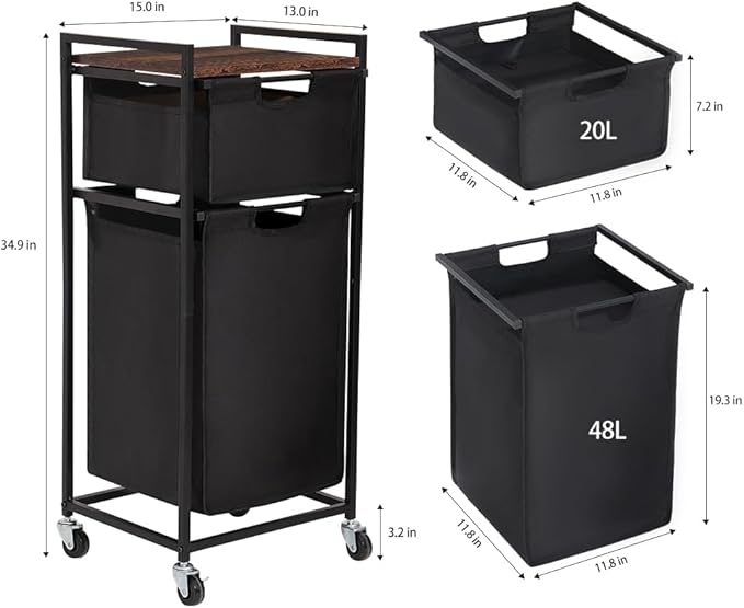 LUCKUP Laundry Hamper with Shelf, Laundry Sorter 2 Section with Removable Bags, Laundry Basket Cart with Table Wheels Laundry Room Storage and Organization, Dirty Clothes Hamper for Small Space