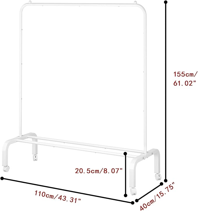 Rolling Clothes Rack Metal Clothing Rack with Wheels Garment Rack with Bottom Shelf for Hanging Clothes Shirts Jeans and Coats White