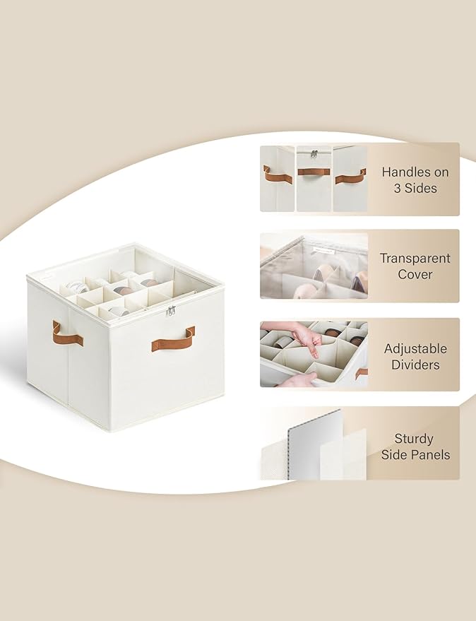 StorageWorks Shoe Organizer for Closet, Shoe Storage Cubby Containers with Adjustable Dividers and Clear Cover, Fits up to 16 Pairs, Foldable Shoe Storage Organizer Box for Closet, Entryway, Beige