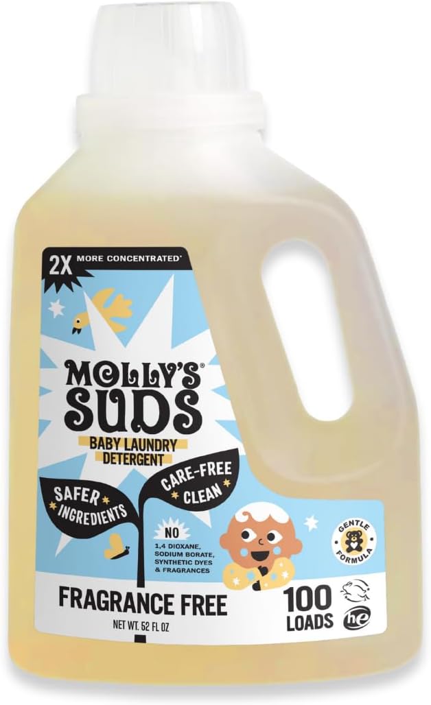 Molly's Suds Baby Liquid Laundry Detergent | Removes Formula, Poop & Spit-Up Stains | Extra Gentle for Infants, Babies, Toddlers (Fragrance Free, 100 Loads)