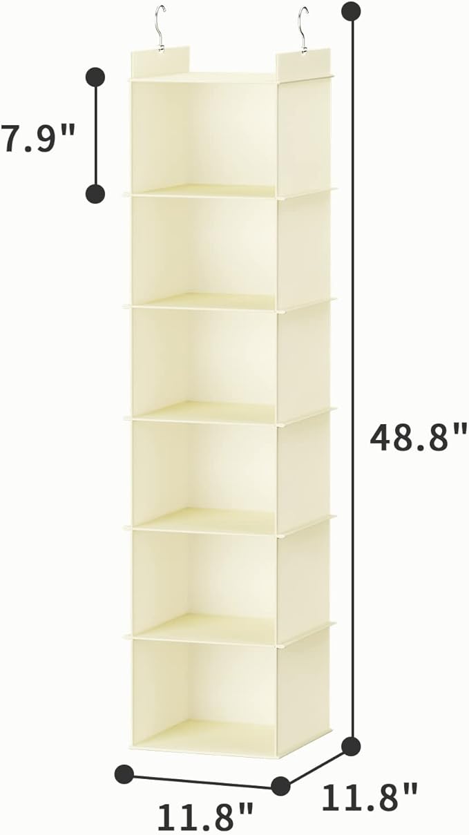 YOUDENOVA Hanging Closet Organizer, 6-Shelf Closet Hanging Shelves, Beige