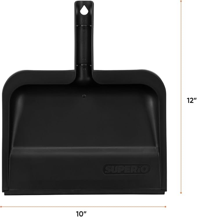 Superio Clip-On Dustpan with Rubber Lip - 10-inch Wide Durable Plastic Dust Pan with Comfort Grip Handle, (Clip-on Dustpan with Rubber Lip, Black) (Black)