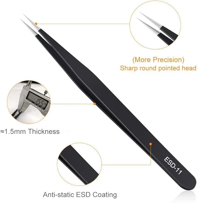 6PCS Precision Tweezers Set, Upgraded Anti-Static Stainless Steel Curved of Tweezers, for Electronics, Laboratory Work, Jewelry-Making, Craft, Soldering, etc, by kaverme.