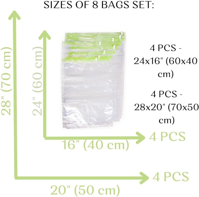 The Chestnut 8 Travel Space Saver Bags - No Vacuum or Pump - for Clothes - Reusable - Luggage Compression - Set of 4 L and 4 M Sacks - Transparent