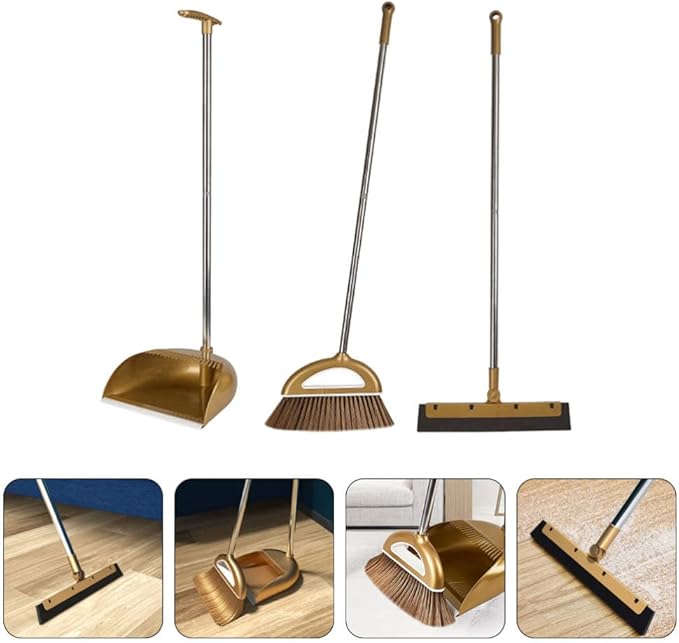 GANAZONO Broom Dustpan Scraper Set Long Handle Stand Up Broom Combo Dustpan for Home Kitchen Room Office Lobby Floor