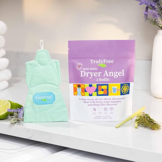 Truly Free Dryer Angel - Natural Dryer Sheet Alternative, Non-Toxic Reusable Fabric Softener Sheets and Scent Booster, Safe for Babies and Sensitive Skin, Laundry Room Essentials - 1 Pack + 2 Refills