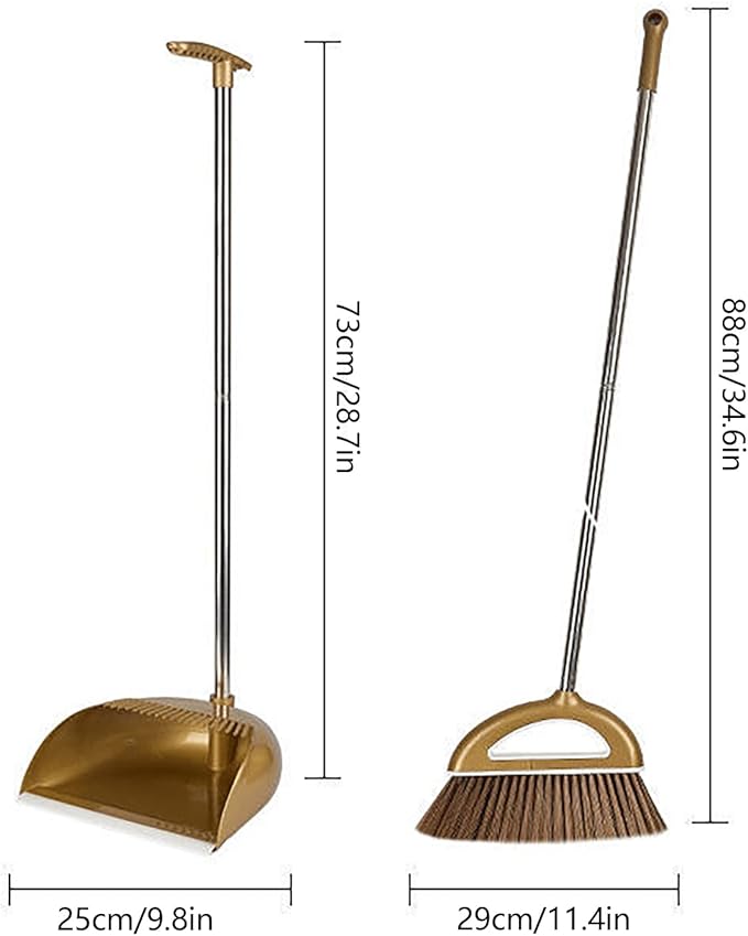 Broom and Dustpan Set with Long Handle - Dust Broom and Dustpan Combo, Lightweight Robust Kitchen Brooms Dustpans, Ergonomic Duster Tool Cleaning Gadgets, for Home, Kitchen, Offices, Pet Hair, Gold